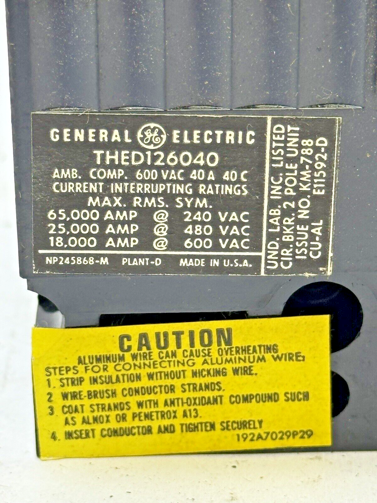 GE - THED12604WL - CIRCUIT BREAKER - 2 POLE, 600 VAC, 40 A - NEW