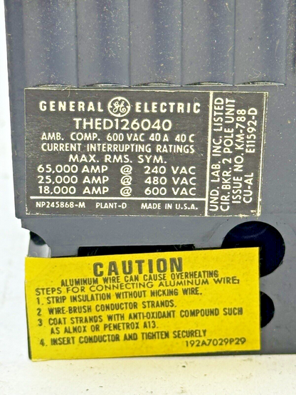 GE - THED12604WL - CIRCUIT BREAKER - 2 POLE, 600 VAC, 40 A - NEW