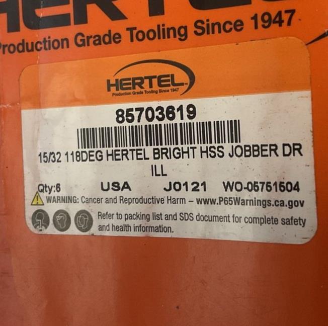 HERTEL 15/32 85703619 118DEG BRITE HIGH SPEED JOBBER DRILL BIT ***LOTOF6***