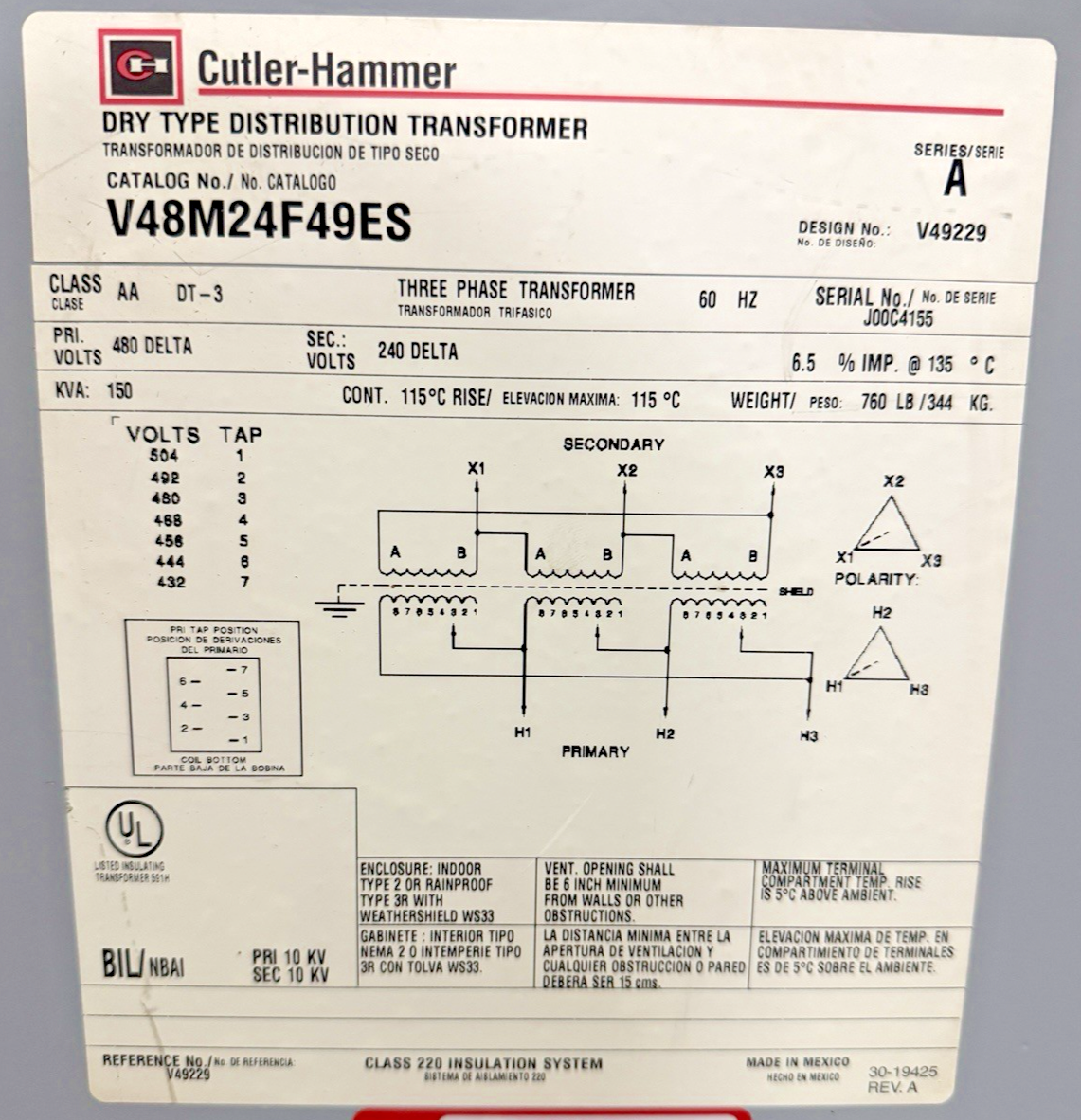 CUTLER HAMMER V48M24F49ES TRANSFORMER 150KVA 3PH 480DELTA-240DELTA  SER.A