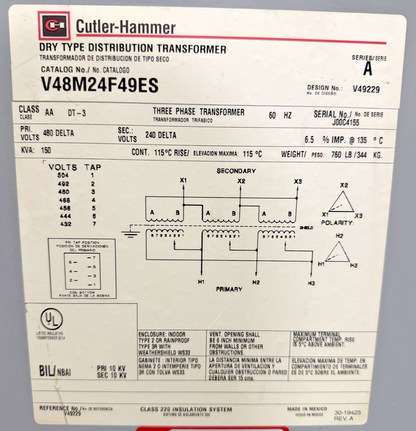 CUTLER HAMMER V48M24F49ES TRANSFORMER 150KVA 3PH 480DELTA-240DELTA  SER.A
