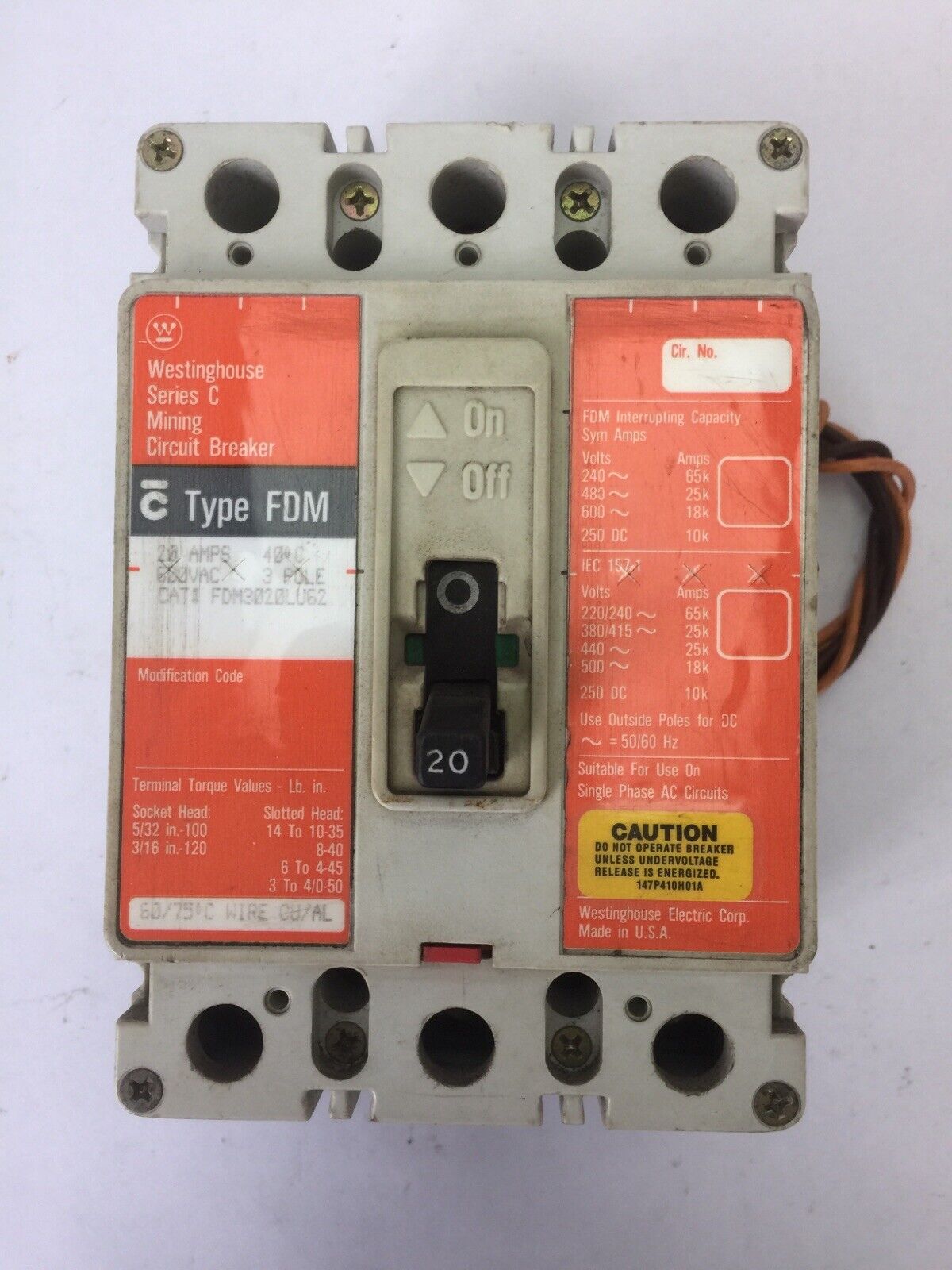WESTINGHOUSE FDM3020LU62 MINING CIRCUIT BREAKER SERIES C 20AMP 600VAC 3POLE
