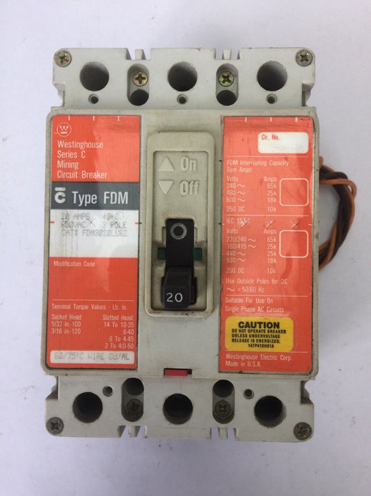 WESTINGHOUSE FDM3020LU62 MINING CIRCUIT BREAKER SERIES C 20AMP 600VAC 3POLE