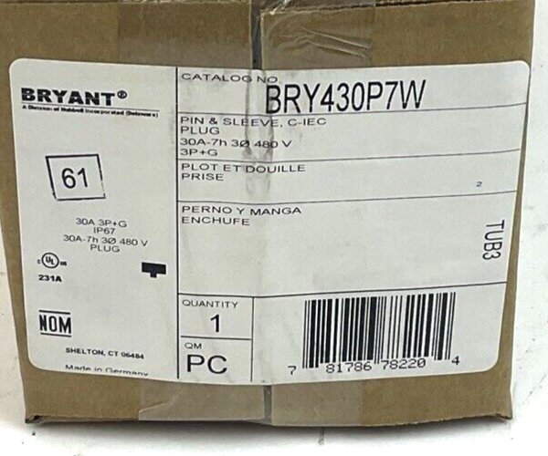 BRYANT BRY430P7W PIN AND SLEEZE PLUG 30A 480V