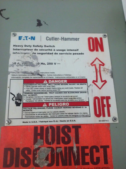 CUTLER HAMMER DH361FGK FUSIBLE SAFETY SWITCH 3P 30A 600VAC 20HP TYPE 1 ENCLOSURE