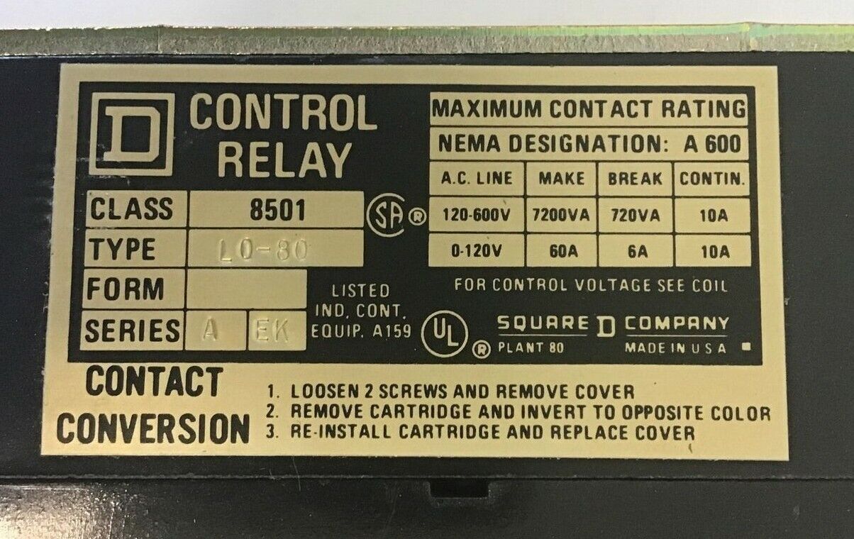 SQUARE D 8501 LO-80-LL AC MECHANICAL LATCH RELAY SER.A 120-60/110-50