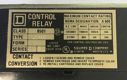 SQUARE D 8501 LO-80-LL AC MECHANICAL LATCH RELAY SER.A 120-60/110-50