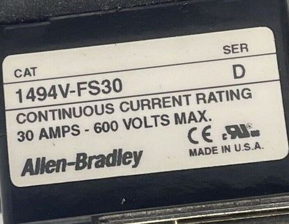 ALLEN BRADLEY 1494V-DS30 SER D DISCONNECT SWITCH 1494V-FS30 SER D LPJ-20SP