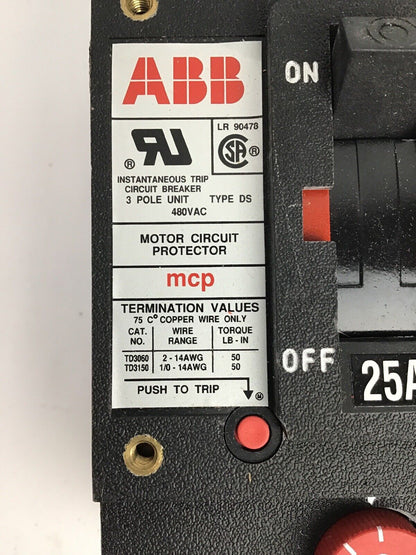 ABB DSM43025L MCP CIRCUIT BREAKER 3P 25A 480V D 6 LUGS