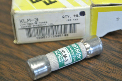 BOX of 10 / BUSS KLM-3 FAST-ACTING MIDGET FUSE / 3A / 500V / NEW SURPLUS / KLM3