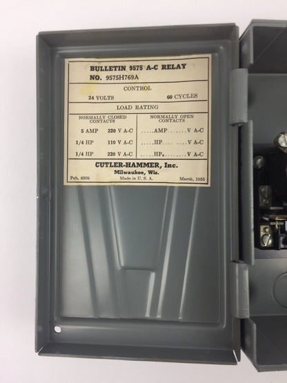 CUTLER HAMMER 9575H769A 509 A.C. RELAY 24 VOLTS 60 CYCLES 1/4 HP NORMALLY CLOSED