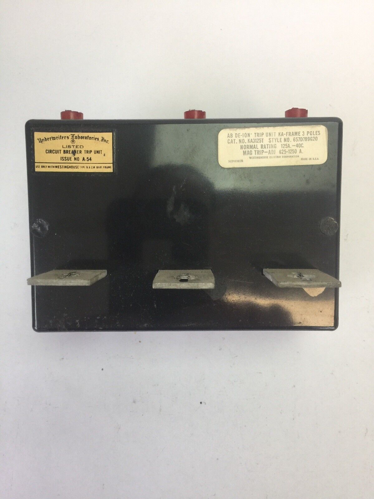 WESTINGHOUSE KA3125T 125A TRIP UNIT 3POLE MAG TRIP-ADJ 625-1250A
