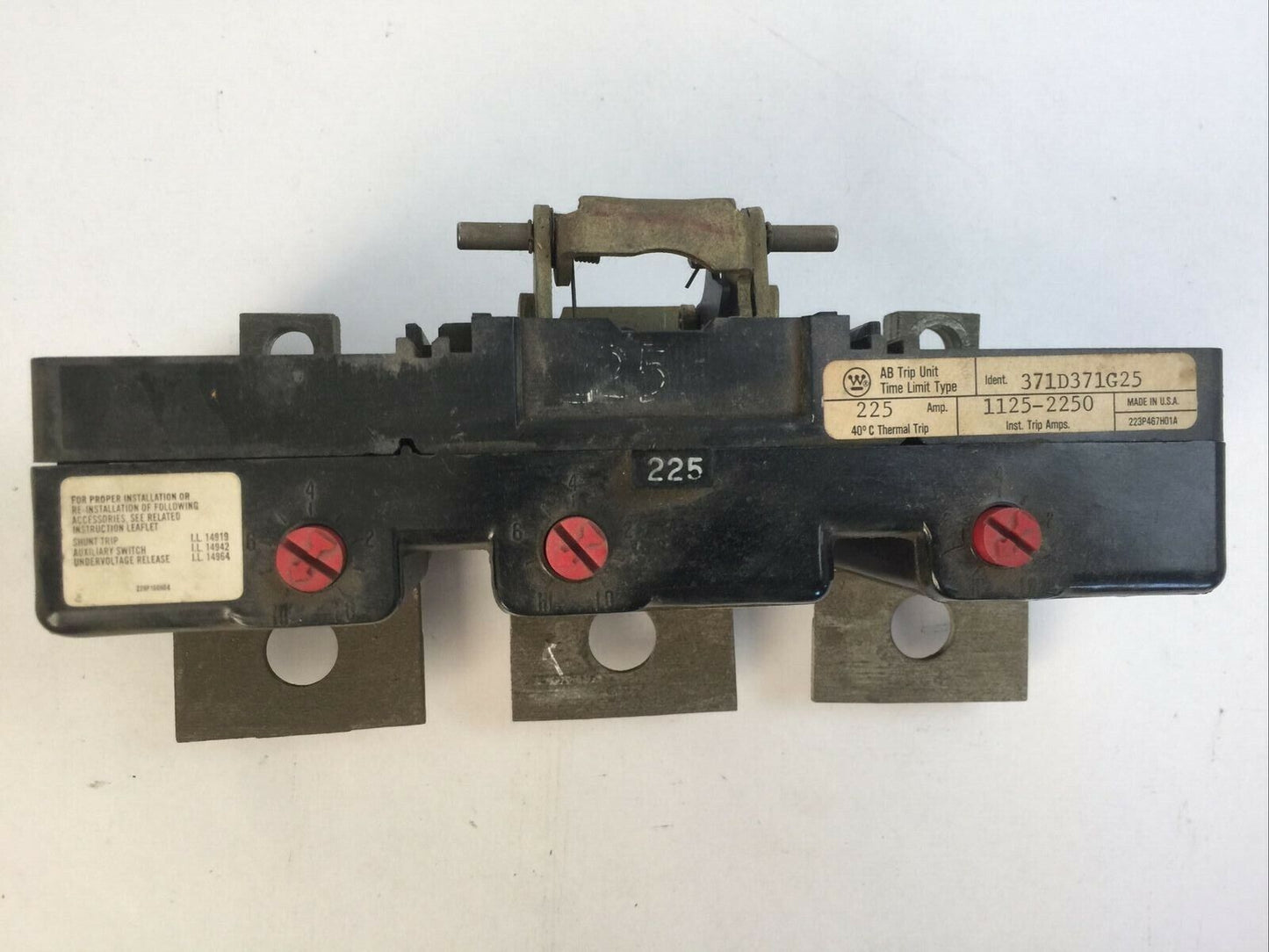 WESTINGHOUSE 371D371G25 AB TRIP UNIT 225AMP 3POLE INST TRIP 1125-2250A