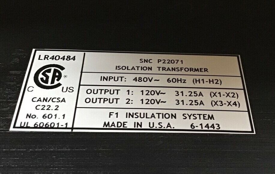 SNC ISOLATION TRANSFORMER 3.75KVA 31.25A 60HZ 480 PRIM./120VAC 1PHASE