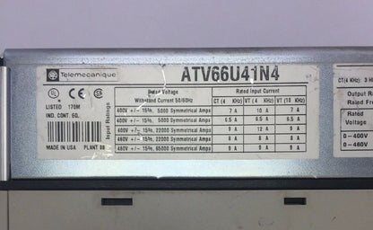 TELEMECANIQUE ATV66U41N4 VARIABLE SPEED DRIVE ALTIVAR 66 460VAC 3HP NO KEYPAD