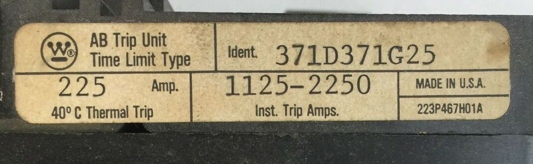 WESTINGHOUSE 371D371G25 AB TRIP UNIT 225AMP 3POLE INST TRIP 1125-2250A