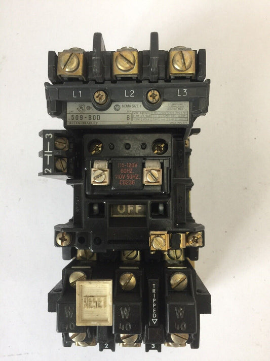 ALLEN BRADLEY 509-B0D SIZE 1 STARTER 600VAC 27AMP 10HP W40 HEATERS 120V COIL