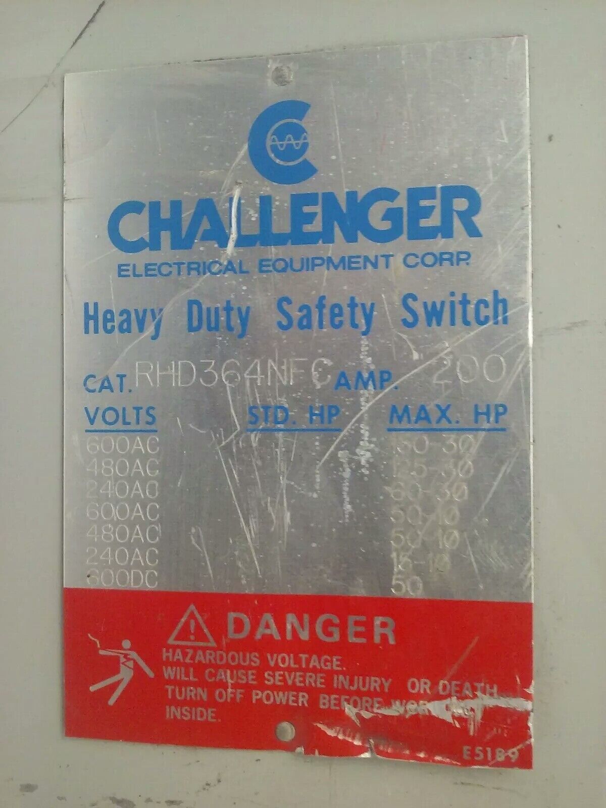 CHALLENGER RHD364NFC NON-FUSIBLE SAFETY SWITCH, 200A, 600V, 3PH, 150HP, TYPE 3R