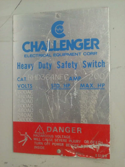 CHALLENGER RHD364NFC NON-FUSIBLE SAFETY SWITCH, 200A, 600V, 3PH, 150HP, TYPE 3R