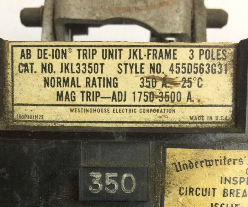 WESTINGHOUSE JKL3350T AB DE-ION TRIP UNIT 350AMP INST TRIP 1750-3500A 455D563G31