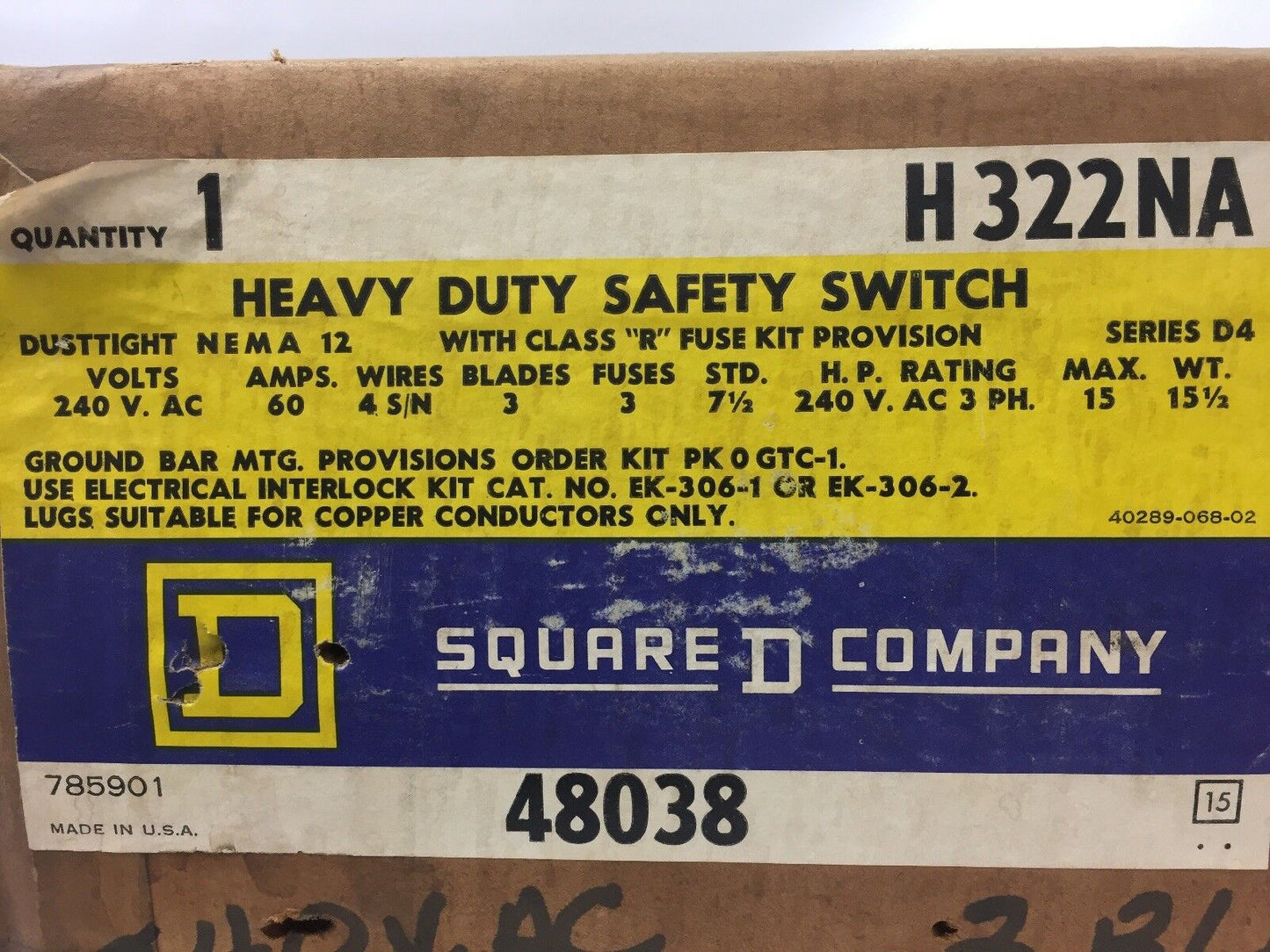 SQUARE D H322NA HEAVY DUTY SAFETY SWITCH 240 VAC 60 AMPS 4 S/N WIRES 3 FUSES