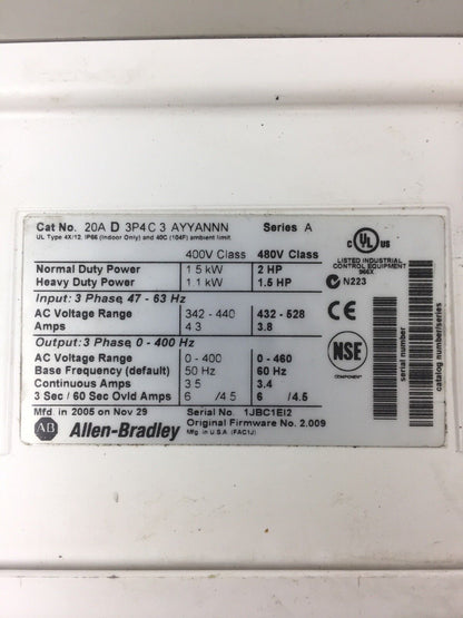 ALLEN BRADLEY POWER FLEX 70 20A D 3P4 C 3 AYYANNN SERIES A 3 PHASE 480 V