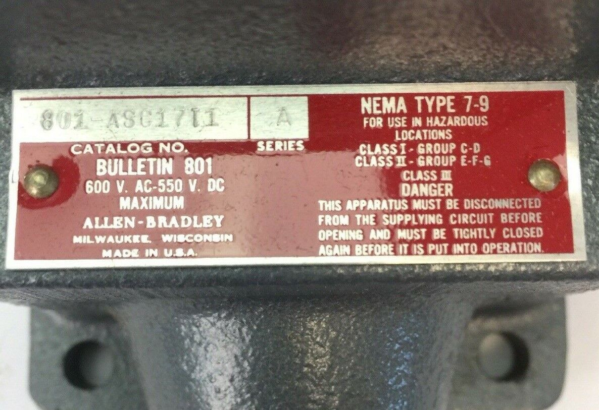ALLEN BRADLEY 801-ASC1711 LIMIT SWITCH ROLLER LEVER 600VAC 550VDC NEMA TYPE 7-9