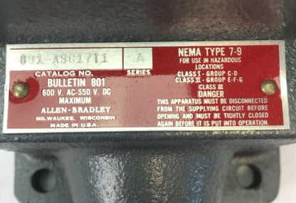 ALLEN BRADLEY 801-ASC1711 LIMIT SWITCH ROLLER LEVER 600VAC 550VDC NEMA TYPE 7-9
