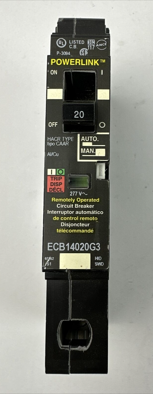 SQUARE D ECB14020G3 POWERLINK CIRCUIT BREAKER 277VAC 20AMP 1POLE HACR TYPE