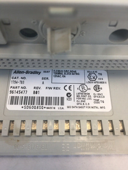 ALLEN BRADLEY 1794-TB3 FLEX I/O TERMINAL BLOCK SER A REV B01 5VDC 640mA