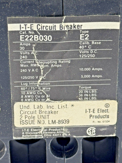 SIEMENS / ITE - ED22B030 - MOLDED CASE CIRCUIT BREAKER - 2 POLE/240 VAC/ 30A-NEW