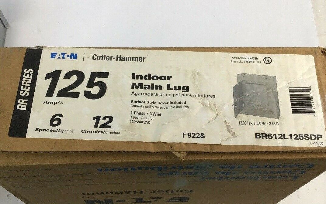 EATON CUTLER HAMMER BR612L125SDP INDOOR MAIN LUG 1PH 125A 6 SPACE 12 CIRCUIT.