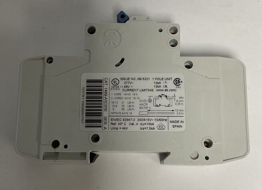 ALLEN BRADLEY 1489-A1C010 CIRCUIT BREAKER 1A 277VAC 48VDC SER.A