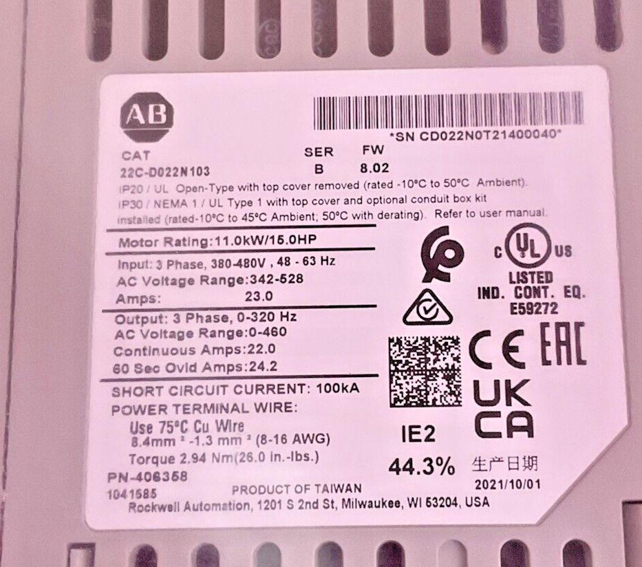 ALLEN-BRADLEY 22C-D022N103 AC DRIVE POWER FLEX 400 SER.B FW:8.02 15HP 11KW