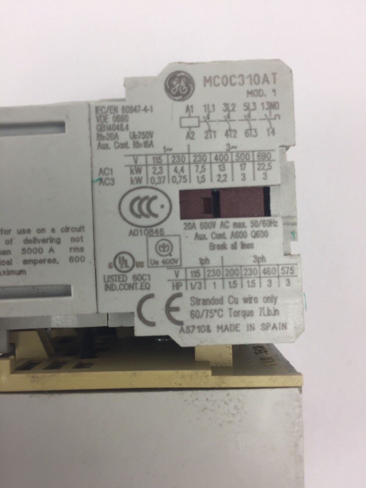 GE MC0C310AT CONTACTOR 20A 600VAC 50/60HZ W/ MT03G OVERLOAD RELAY 1.1-1.6A