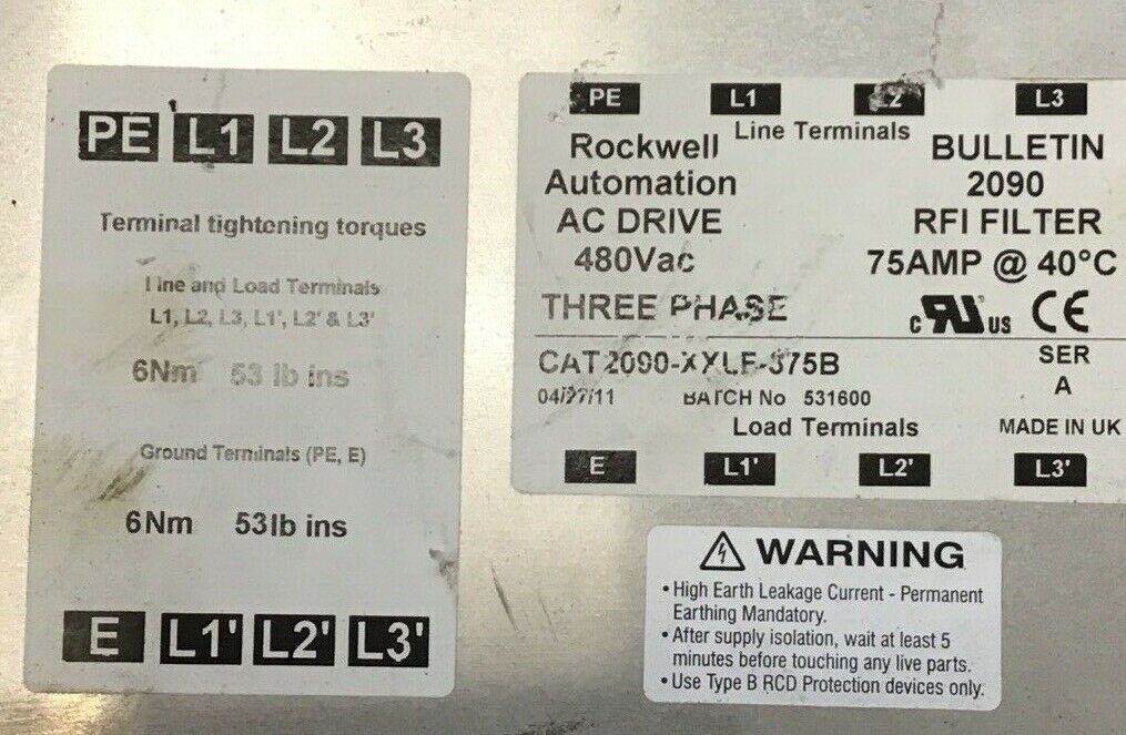 ROCKWELL AUTOMATION 2090-XXLF-375B AC DRIVE RFI FILTER 3PH SER.A 75A 480VAC