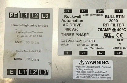 ROCKWELL AUTOMATION 2090-XXLF-375B AC DRIVE RFI FILTER 3PH SER.A 75A 480VAC