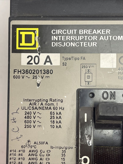 SQUARE D FH360201380 CIRCUIT BREAKER 20A 600VAC 250VDC 3POLE
