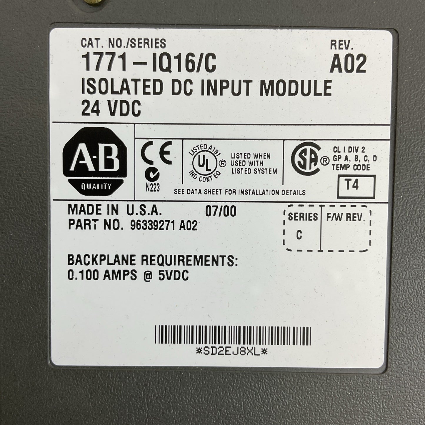 ALLEN BRADLEY 1771-IQ16 SERIES C REV A02 ISOLATED DC INPUT MODULE 24VDC
