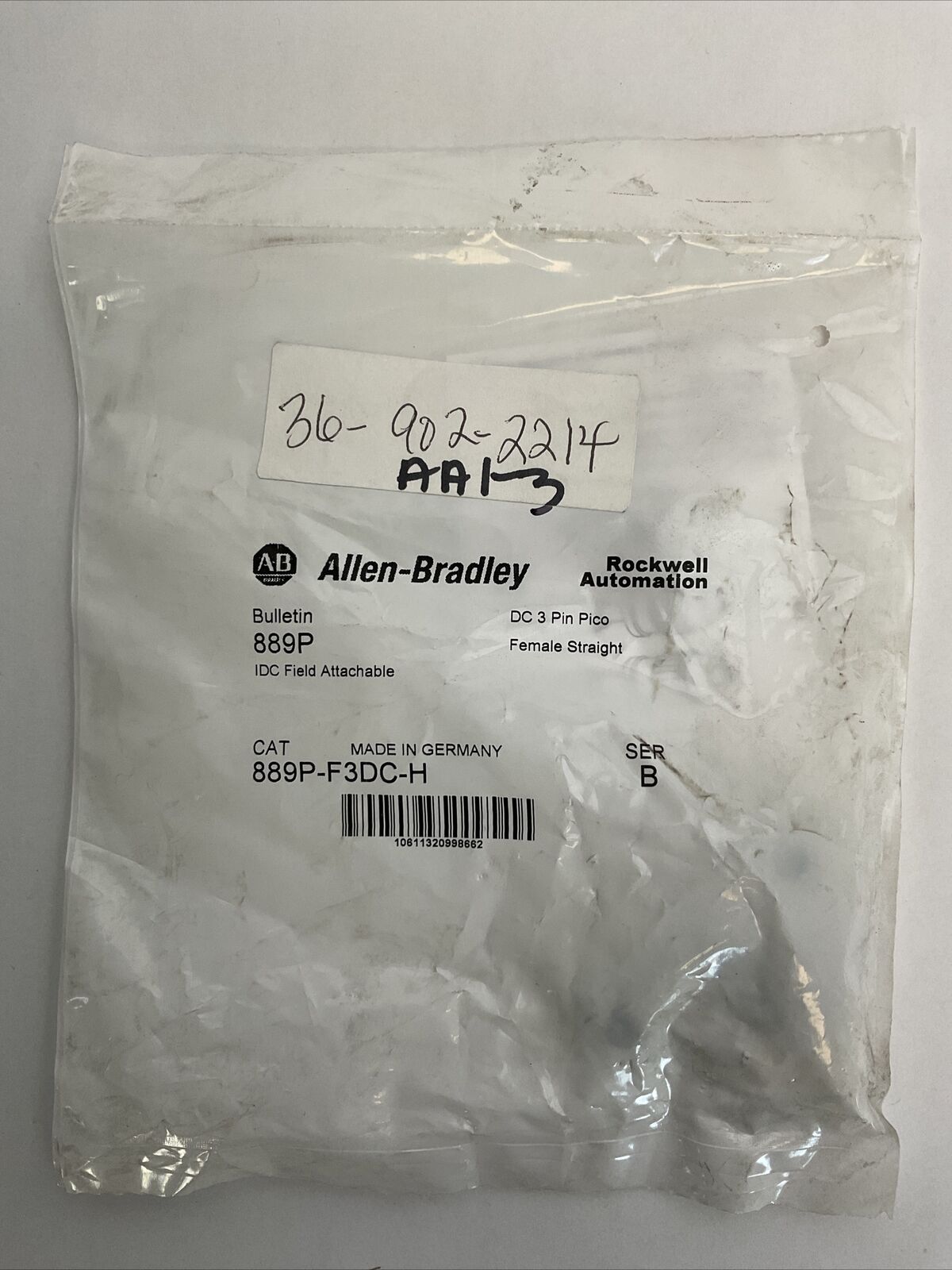 ALLEN BRADLEY 889P-F3DC-H IDC FIELD ATTACHABLE DC 3 PIN PICO FEMALE STRAIGHT