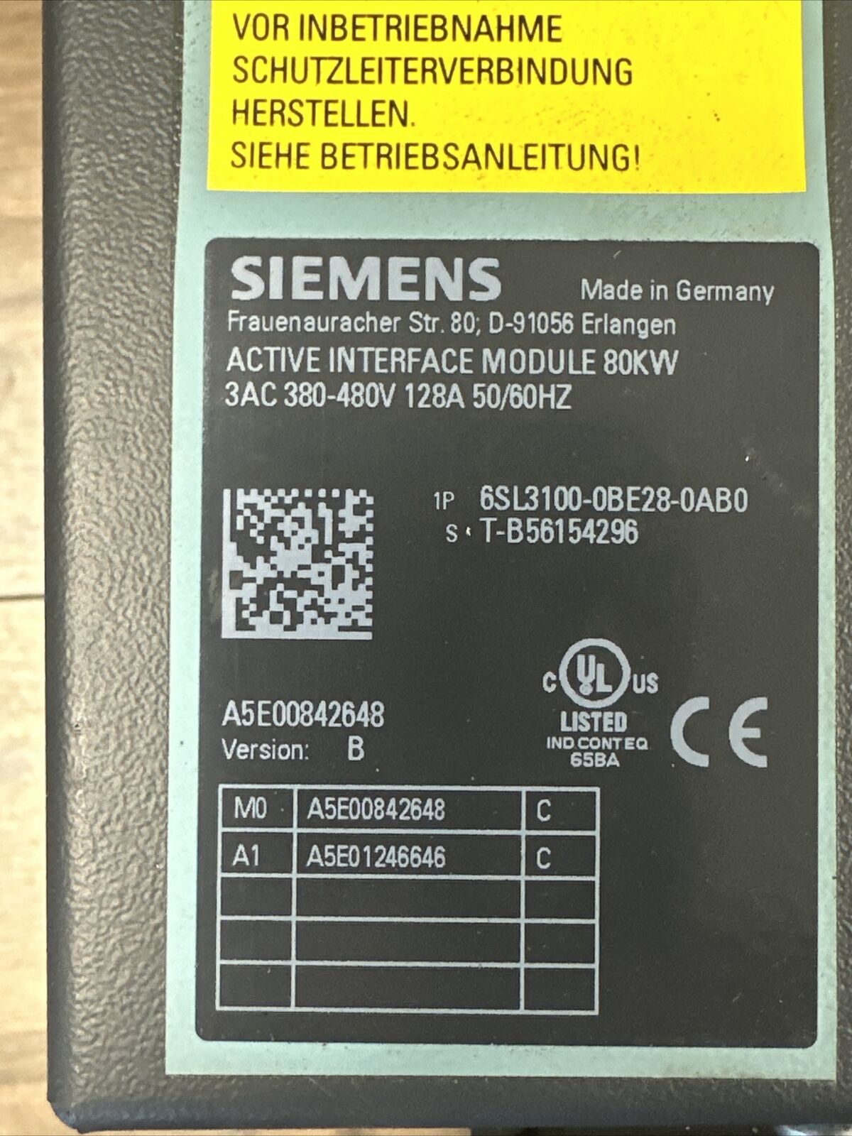 SIEMENS 6SL3100-0BE28-0AB0 ACTIVE INTERFACE MODULE VERSION B 3AC 380-480V 128A