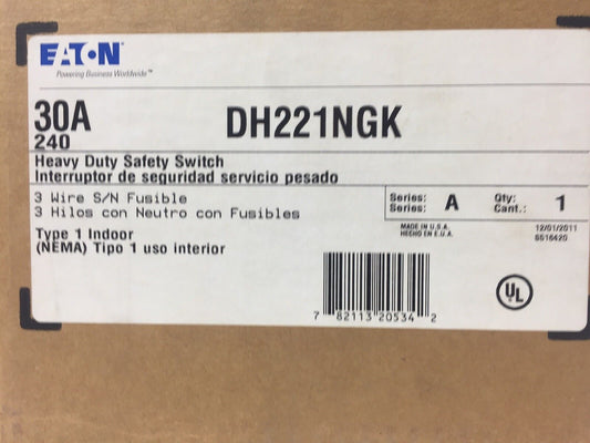 EATON DH221NGK HEAVY DUTY SAFETY SWITCH 3 WIRE S/N FUSIBLE 30 AMP 240 VOLT