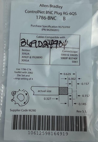 ALLEN BRADLEY 1786-BNC/B CONTROLNET BNC PLUG RG-6QS REV 5.1 ***LOTOF20***