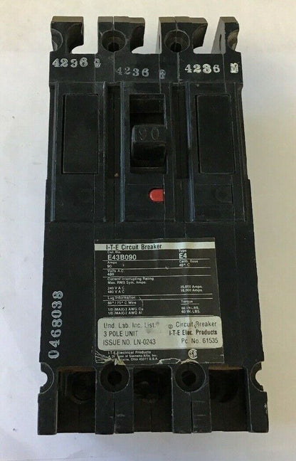 ITE E43B090 CIRCUIT BREAKER 90AMPS, 480VOLTS, 3POLE, TYPE: E4