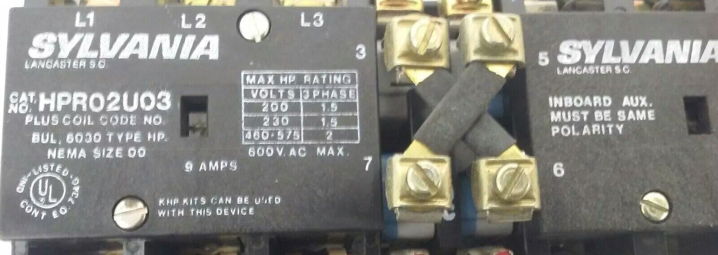 SYLVANIA HPR02U03 TYPE HP REVERSING AC STARTER 3PH 600V 9A SIZE 00 120V COIL