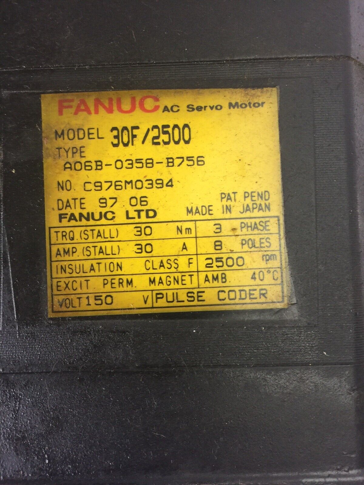 FANUC 30F/2500 A06B-0358-B756 AC SERVO MOTOR 150V 30A 3 PHASE 8 POLES 2500 RPM