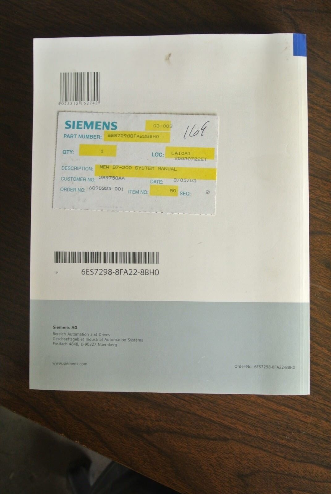 SIEMENS 6ES7298-8FA22-8BH0 SIMATIC S7-200 SYSTEM MANUAL EDITION 04/2002 NEW SUR