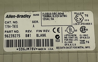 ALLEN BRADLEY 1794-TB3S SER A REV B01 F/W REV BLANK I/O TERMINAL BASE