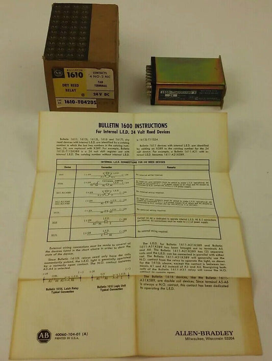 ALLEN BRADLEY, 1610-T0420SX589, SER. A, DRY REED RELAY, 24VDC, 1A, 15VA, NEW