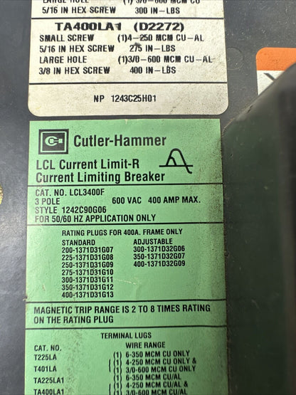 CUTLER HAMMER LCL3400F CURRENT LIMITING BREAKER 3P 600VAC 400A NO TRIP PLUG